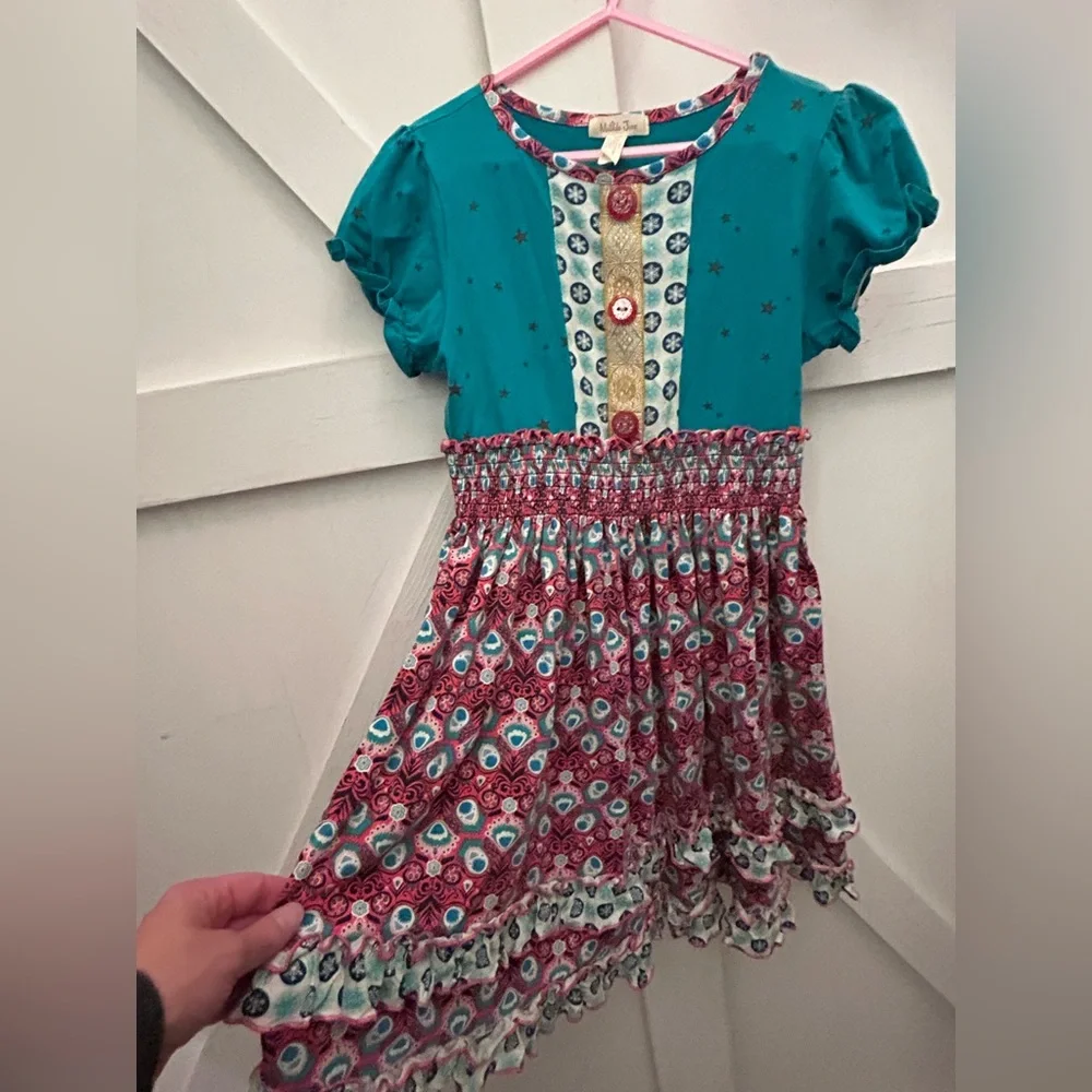 Matilda Jane Teal, Coral, & Yellow Smocked Sundress with Puff Cap Sleeves- Sz 8 - Picture 5 of 16